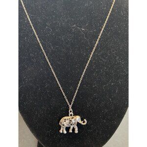 Filigree silvertone and rhinestone elephant pendant necklace 35" chain